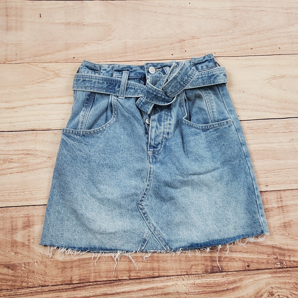 We The Free Skirt Womens 26 Mini Blue Mini Belted Denim Pockets Distressed